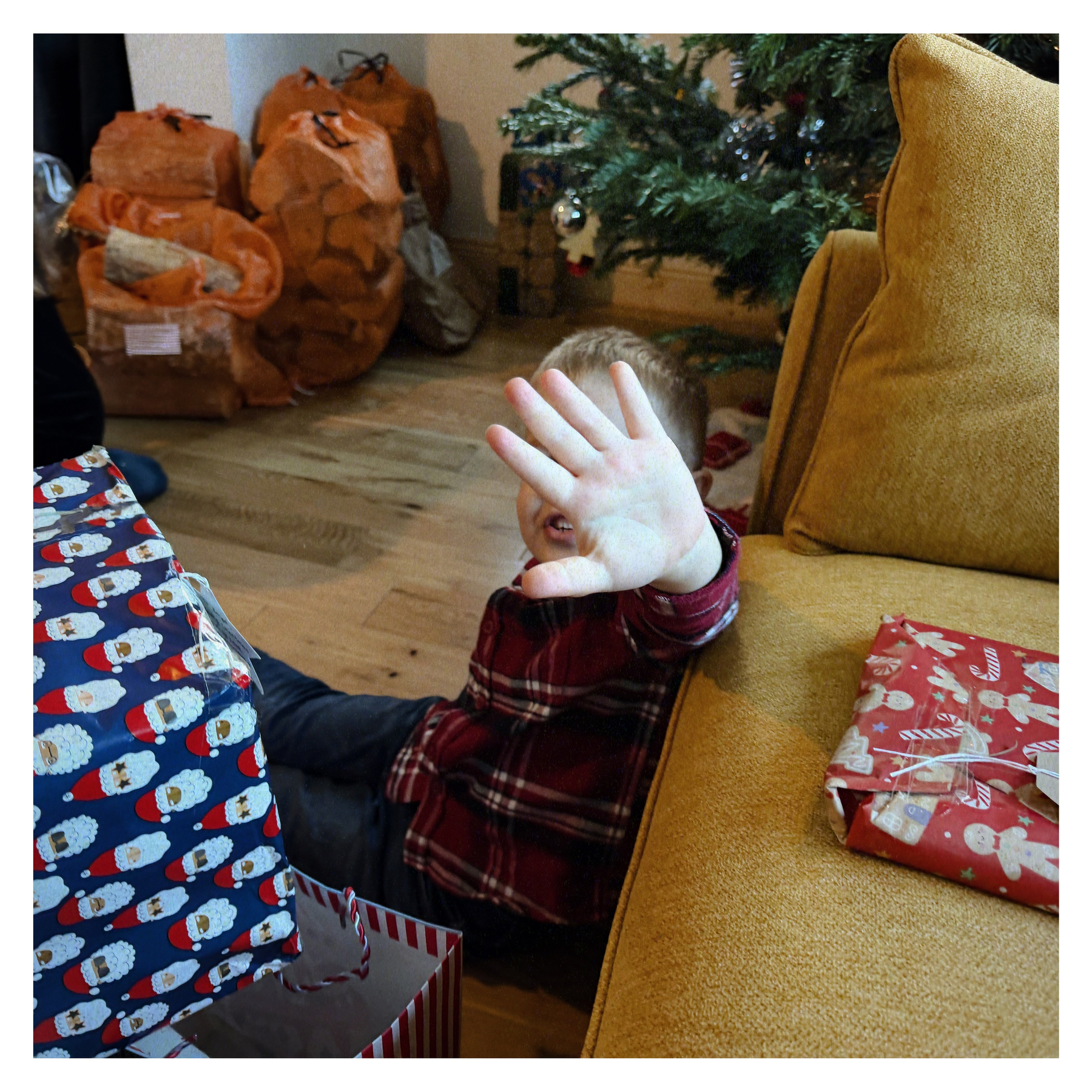 Auto-generated description: A child in a plaid shirt playfully covers their face with one hand while seated near wrapped gifts and a Christmas tree.