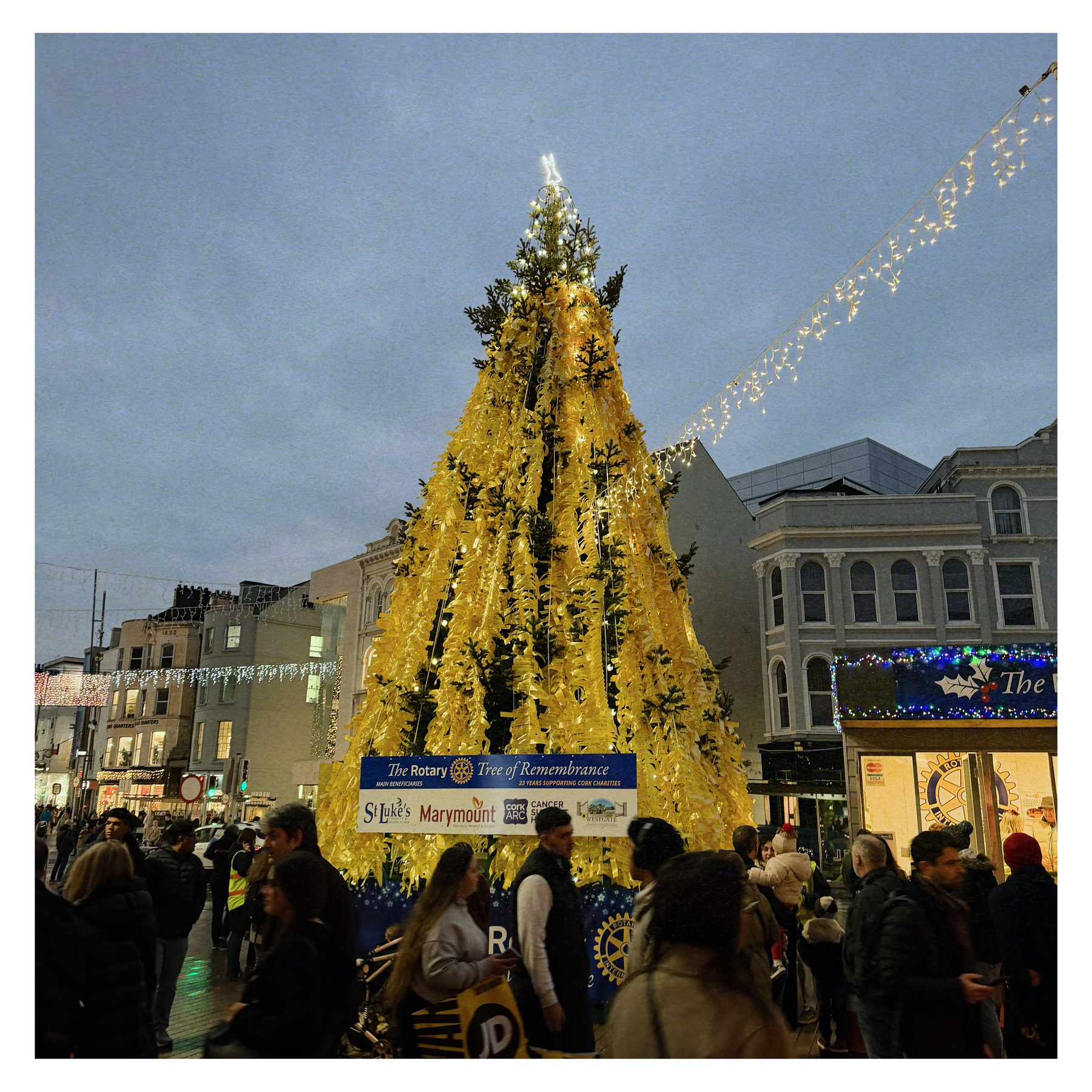 Auto-generated description: A tall Christmas tree adorned with yellow lights stands in a busy urban street, surrounded by people.